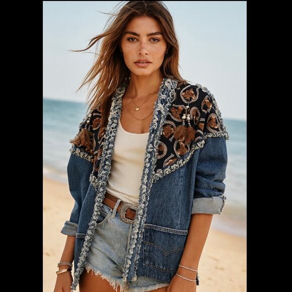 Upcycled Levi’s Boho Western Denim Jacket Coastal Cowgirl Fringe Horseshoe Print - Picture 8 of 8